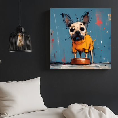 grumpy cartoon dog in orange hoodie beside empty food bowl on blue wall