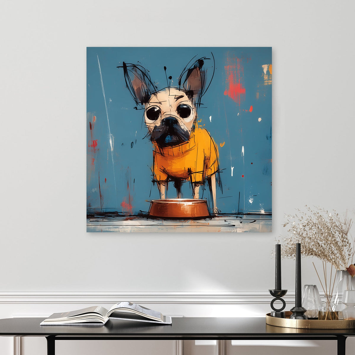 grumpy cartoon dog in orange hoodie beside empty food bowl on blue wall