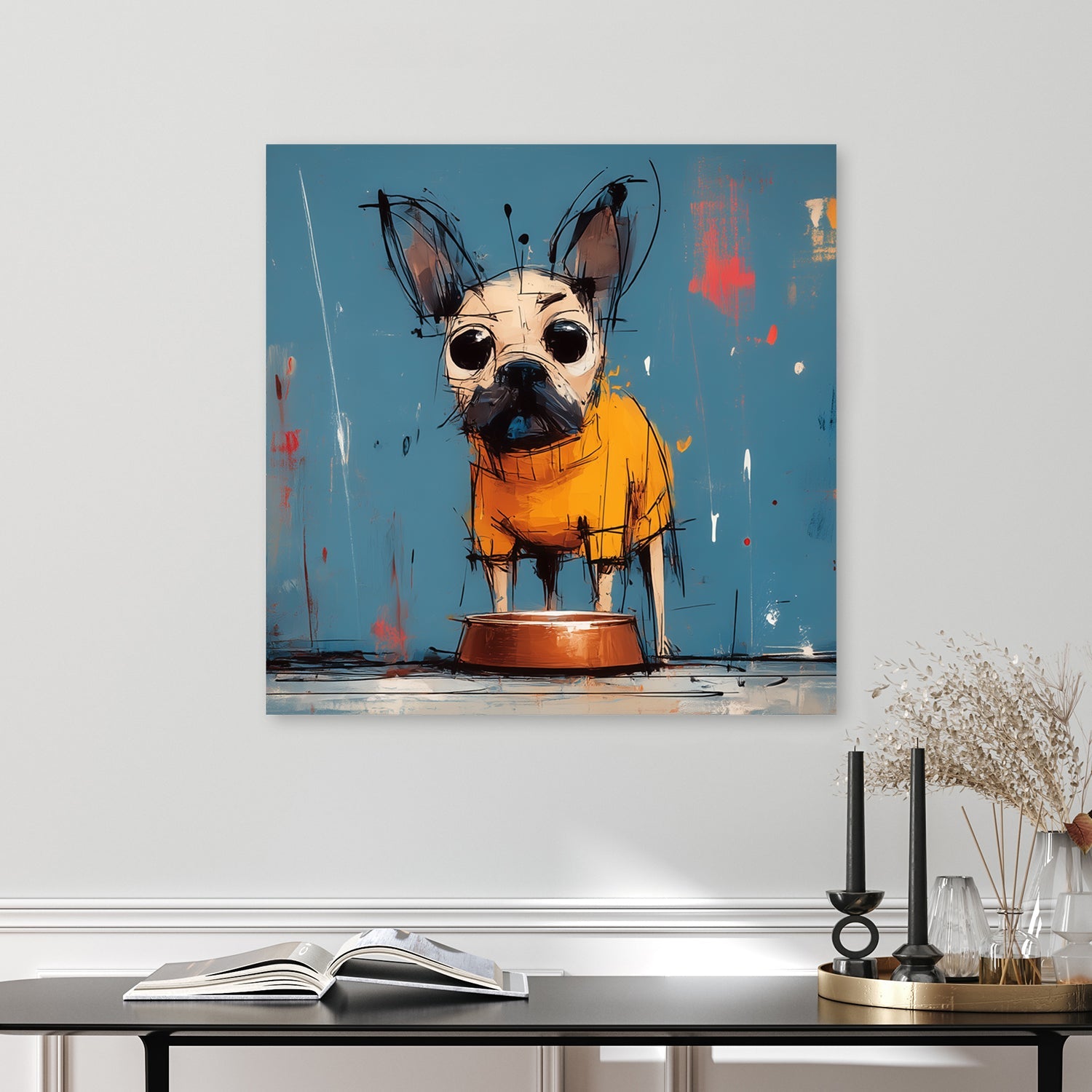 grumpy cartoon dog in orange hoodie beside empty food bowl on blue wall