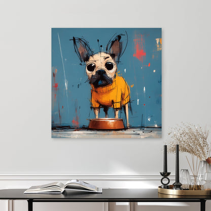 grumpy cartoon dog in orange hoodie beside empty food bowl on blue wall