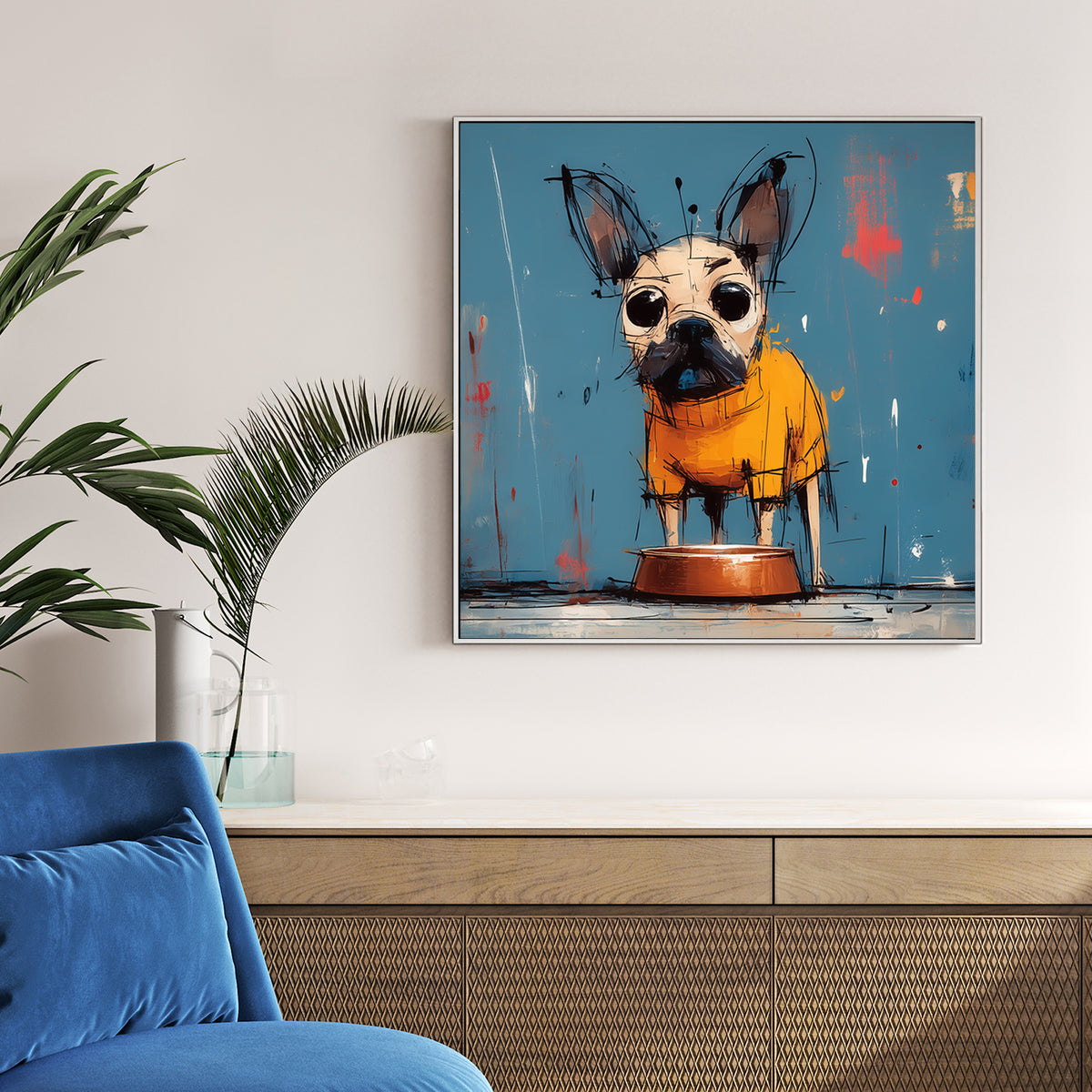 grumpy cartoon dog in orange hoodie beside empty food bowl on blue wall