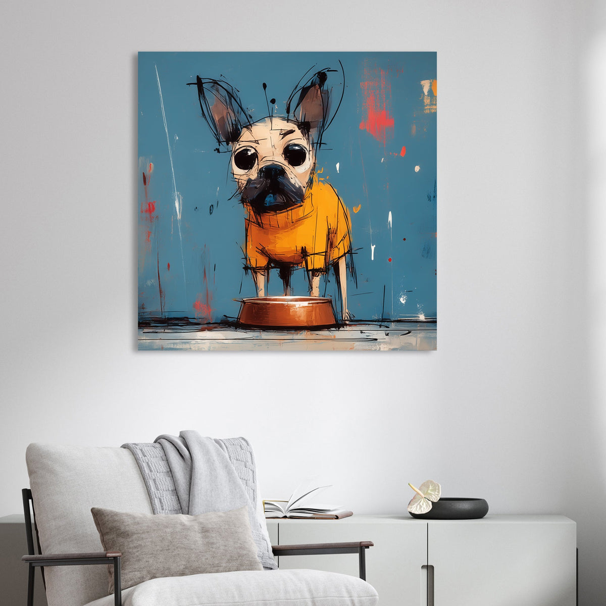 grumpy cartoon dog in orange hoodie beside empty food bowl on blue wall