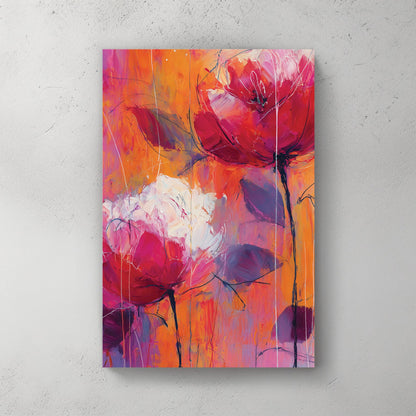 abstract floral wall art with pink and orange flowers on textured background
