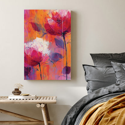 abstract floral wall art with pink and orange flowers on textured background
