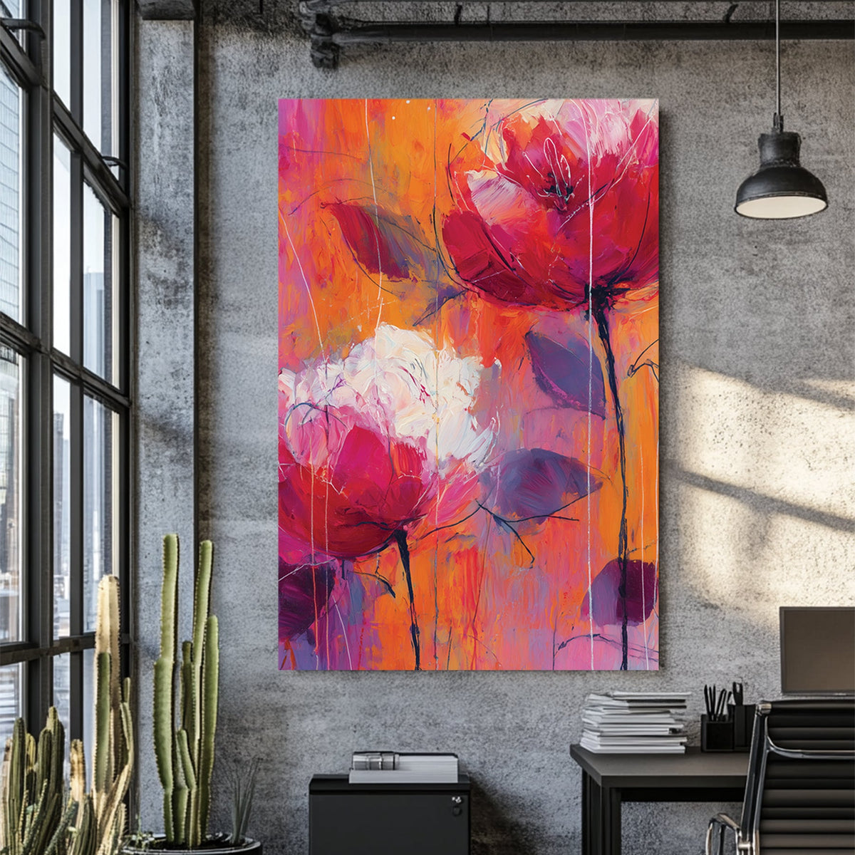abstract floral wall art with pink and orange flowers on textured background