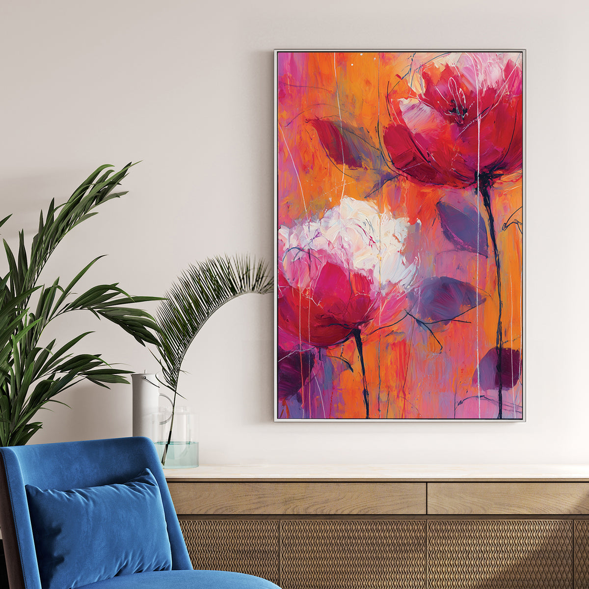 abstract floral wall art with pink and orange flowers on textured background