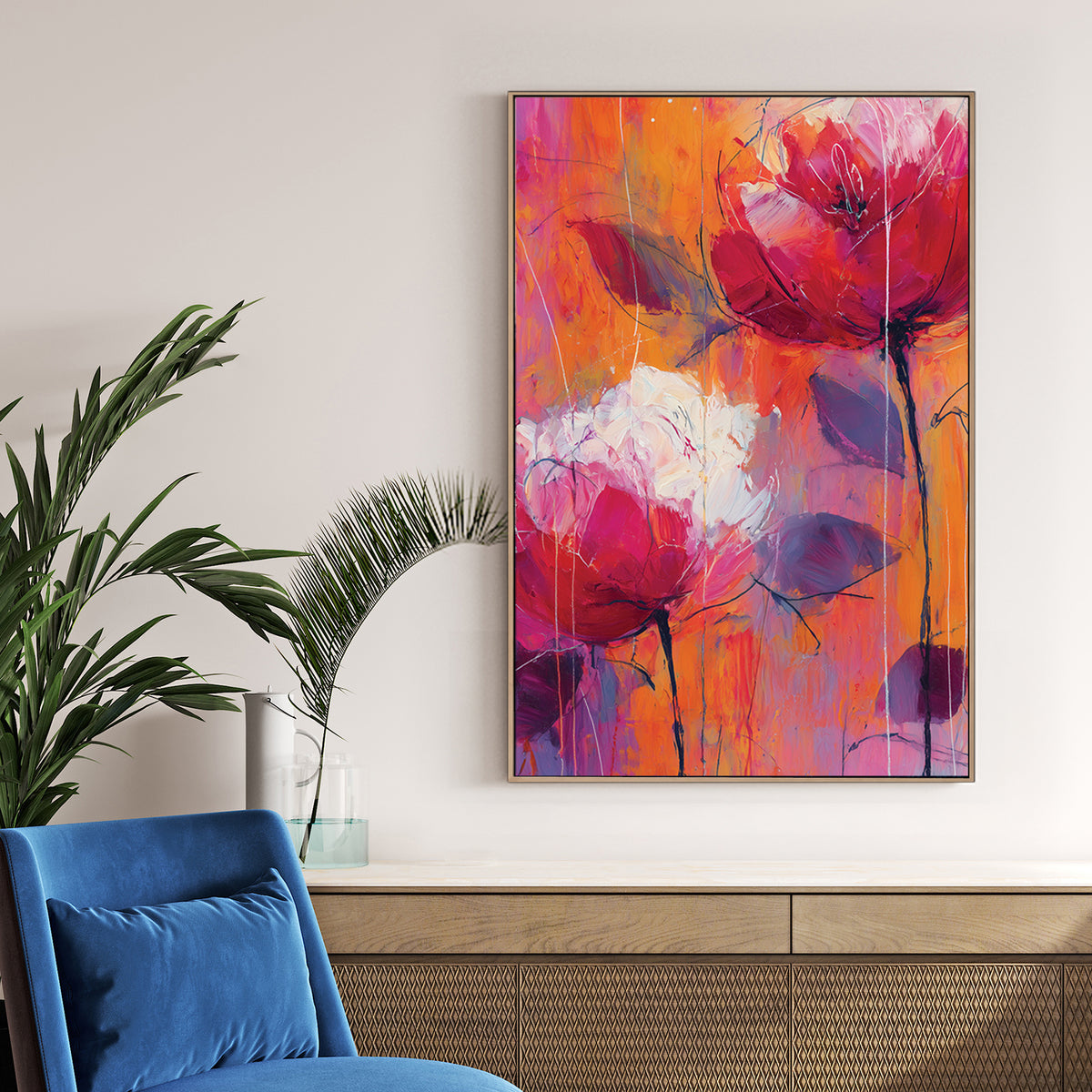 abstract floral wall art with pink and orange flowers on textured background