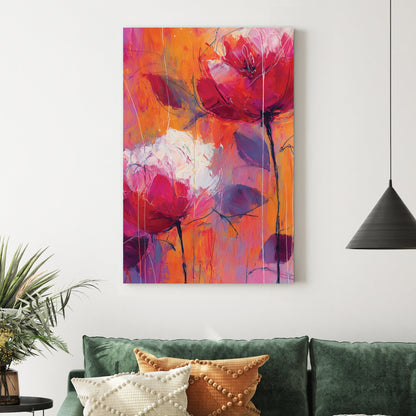 abstract floral wall art with pink and orange flowers on textured background