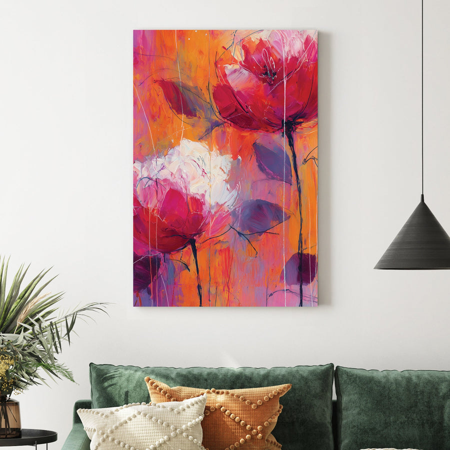 abstract floral wall art with pink and orange flowers on textured background
