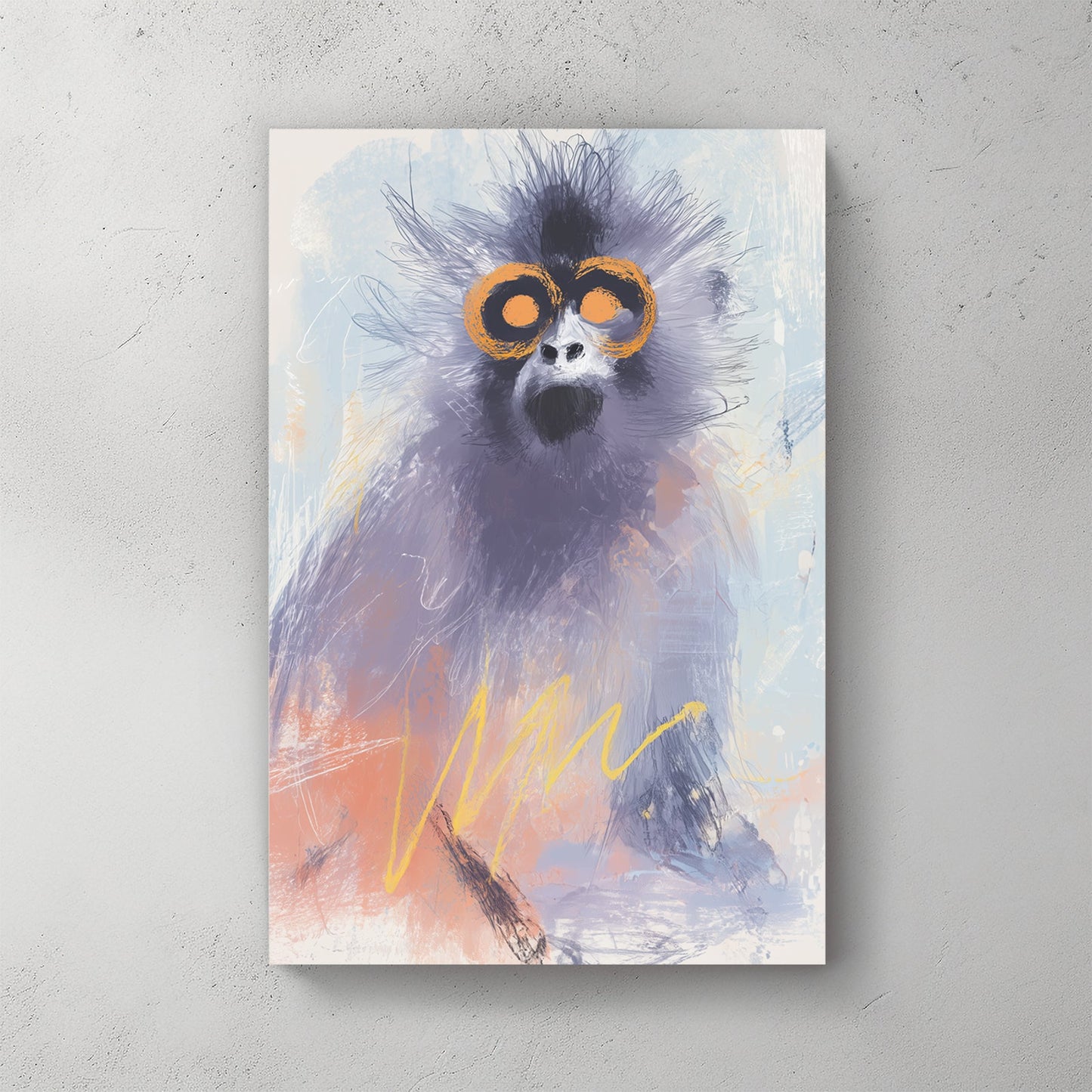 abstract monkey wall art with orange eyes and pastel brushstrokes