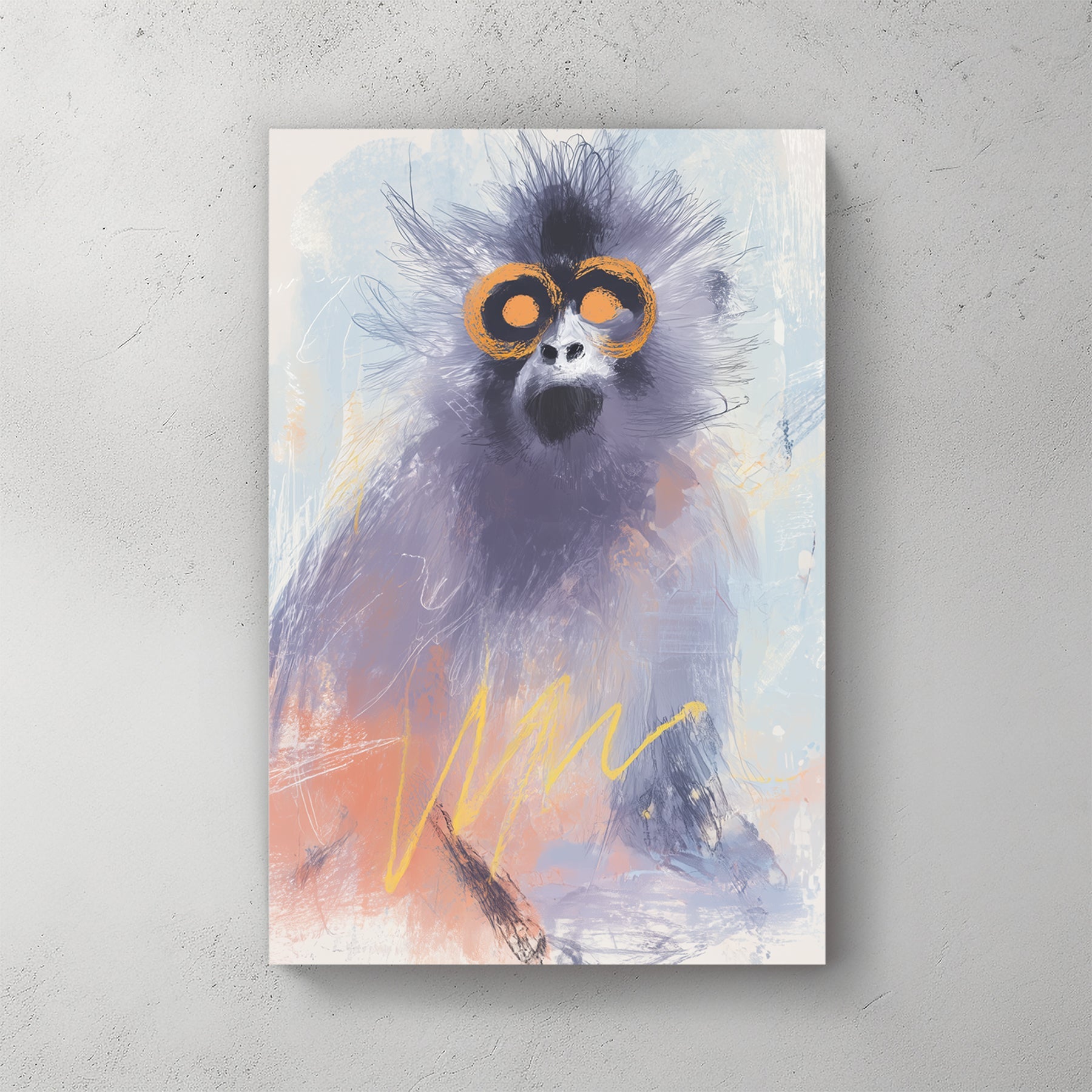 abstract monkey wall art with orange eyes and pastel brushstrokes