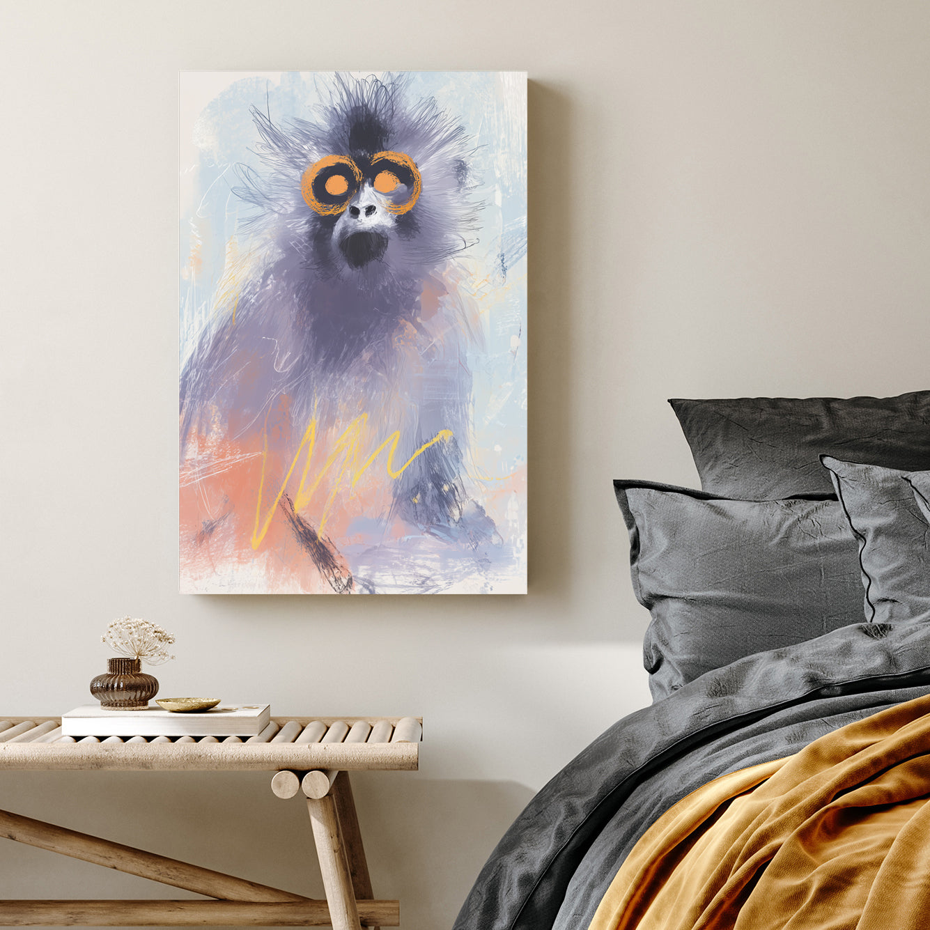 abstract monkey wall art with orange eyes and pastel brushstrokes