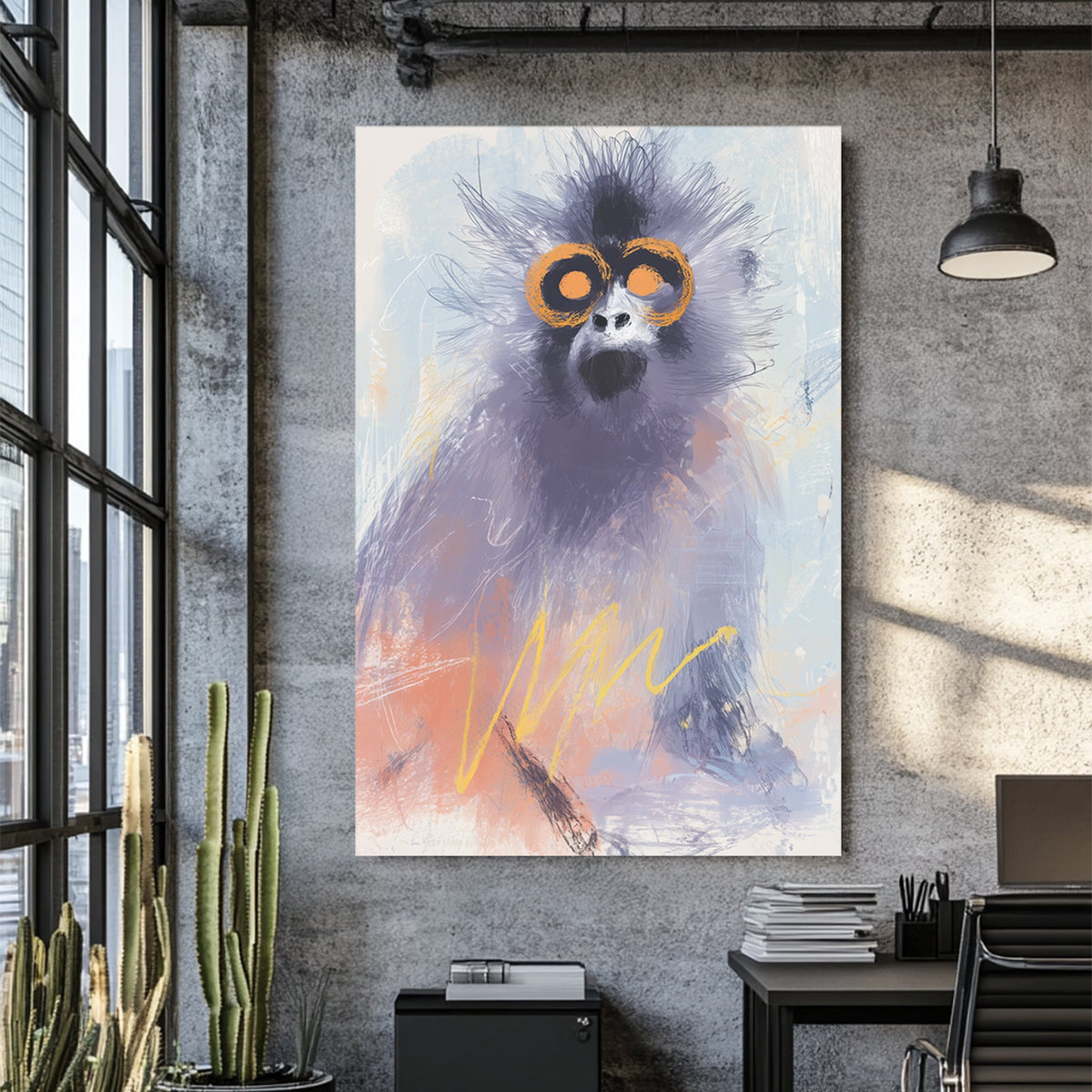 abstract monkey wall art with orange eyes and pastel brushstrokes