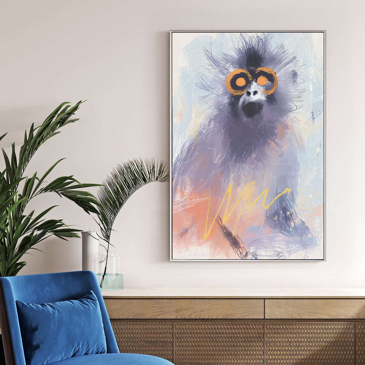 abstract monkey wall art with orange eyes and pastel brushstrokes