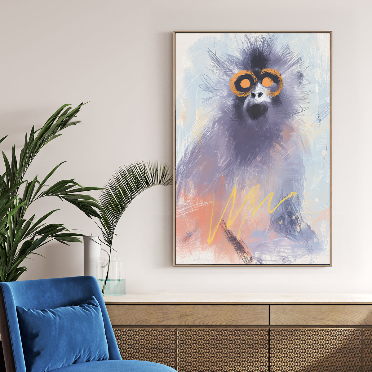 abstract monkey wall art with orange eyes and pastel brushstrokes