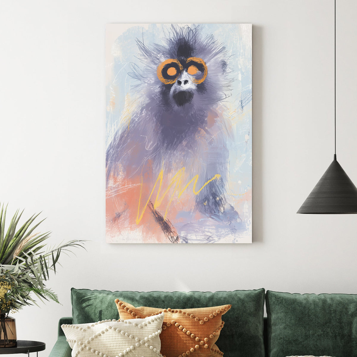 abstract monkey wall art with orange eyes and pastel brushstrokes