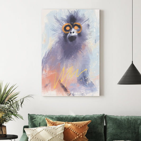 abstract monkey wall art with orange eyes and pastel brushstrokes