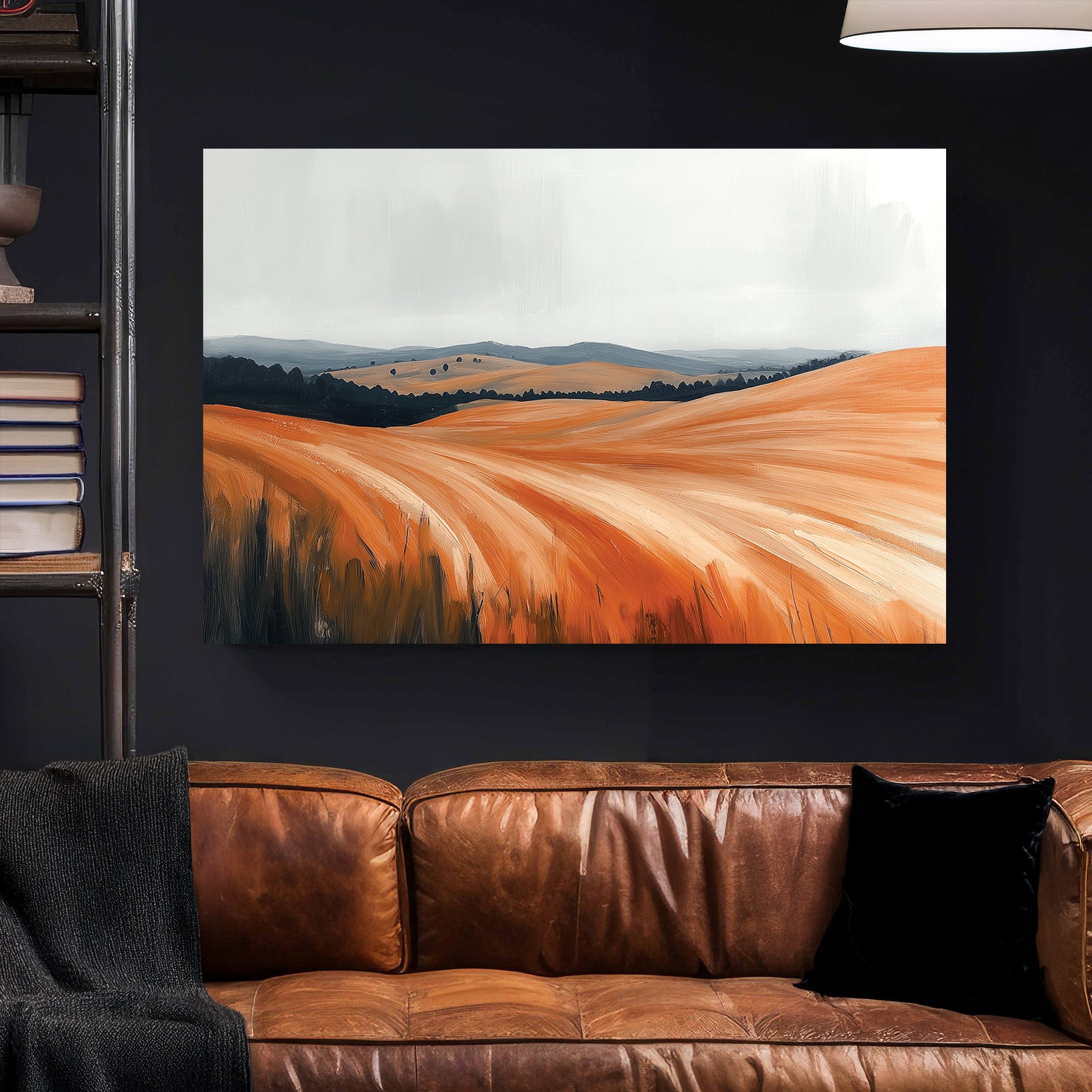 amber countryside landscape wall art with rolling hills and golden fields