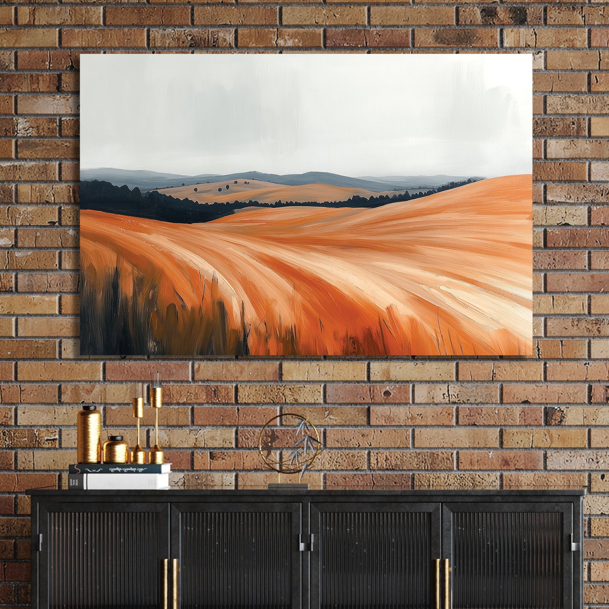 amber countryside landscape wall art with rolling hills and golden fields