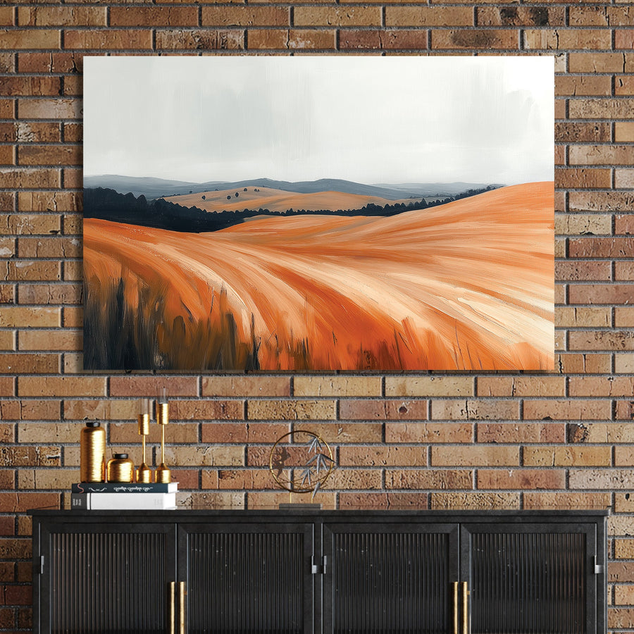 amber countryside landscape wall art with rolling hills and golden fields