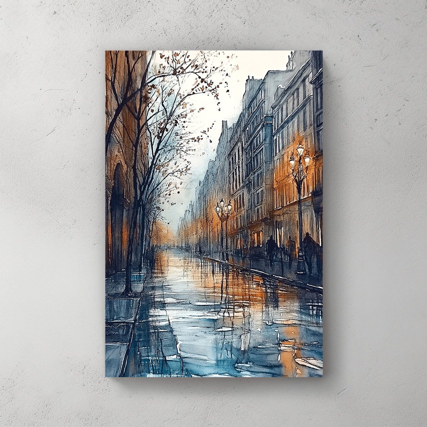 moody city street wall art with rainy reflections and warm lamplight