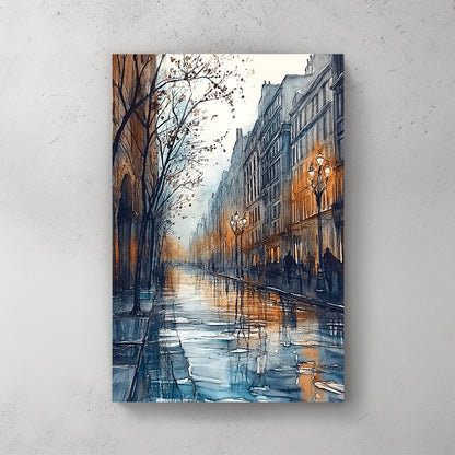 moody city street wall art with rainy reflections and warm lamplight