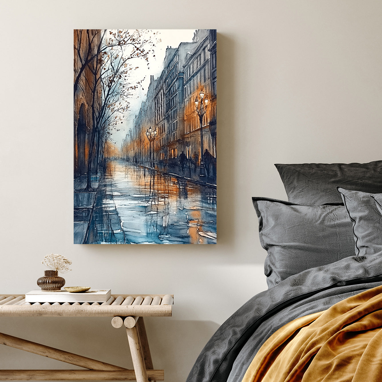 moody city street wall art with rainy reflections and warm lamplight