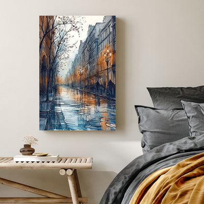 moody city street wall art with rainy reflections and warm lamplight