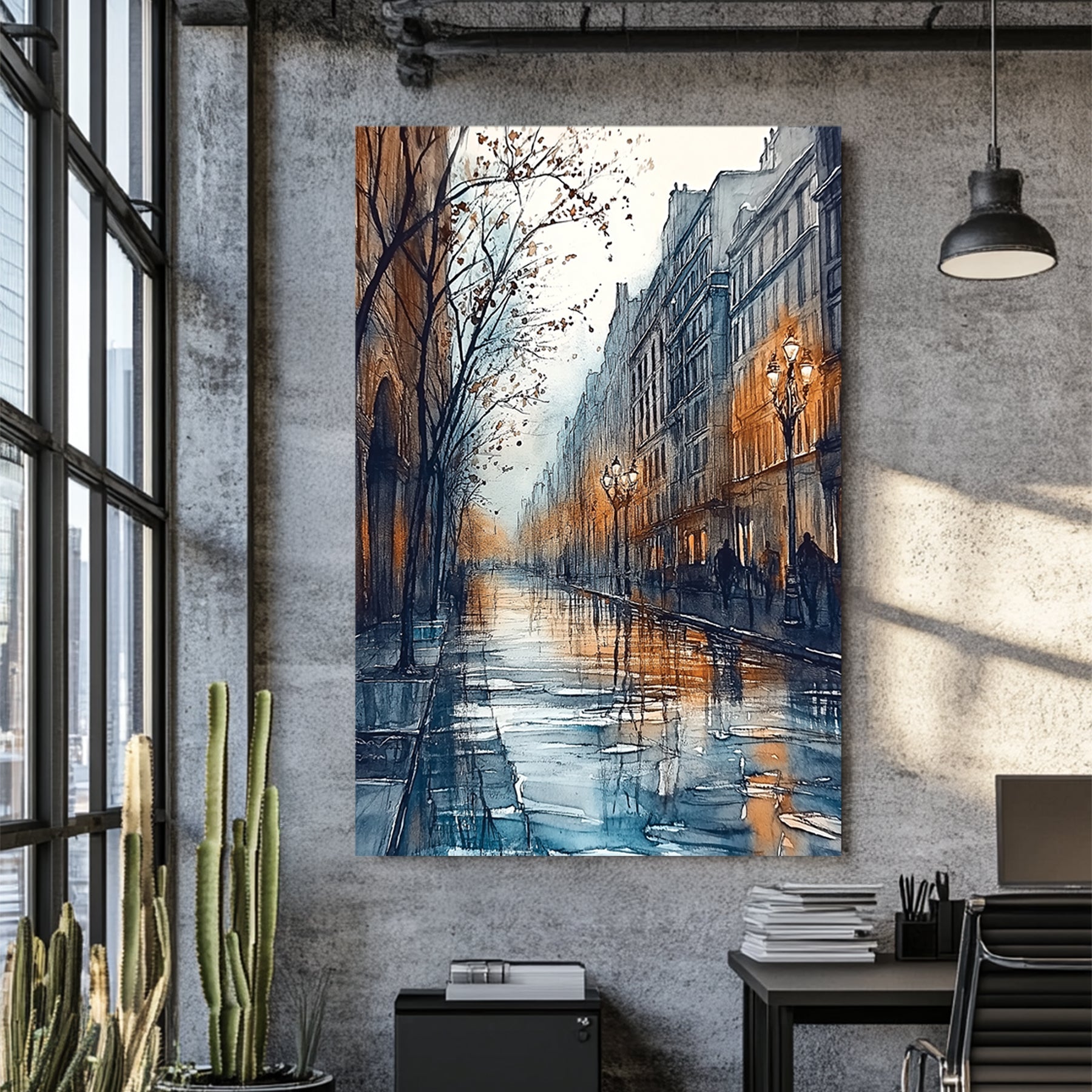 moody city street wall art with rainy reflections and warm lamplight