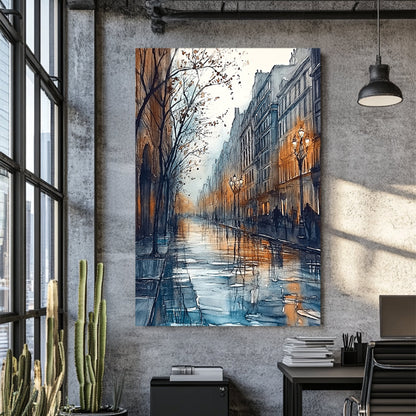 moody city street wall art with rainy reflections and warm lamplight