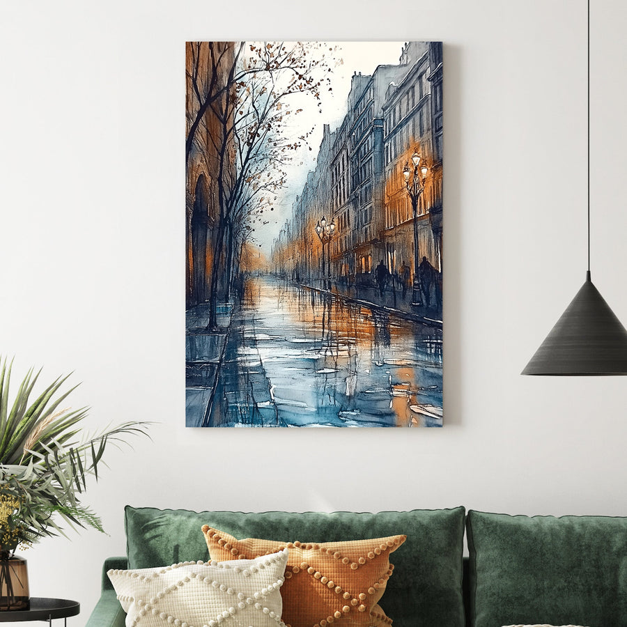 moody city street wall art with rainy reflections and warm lamplight