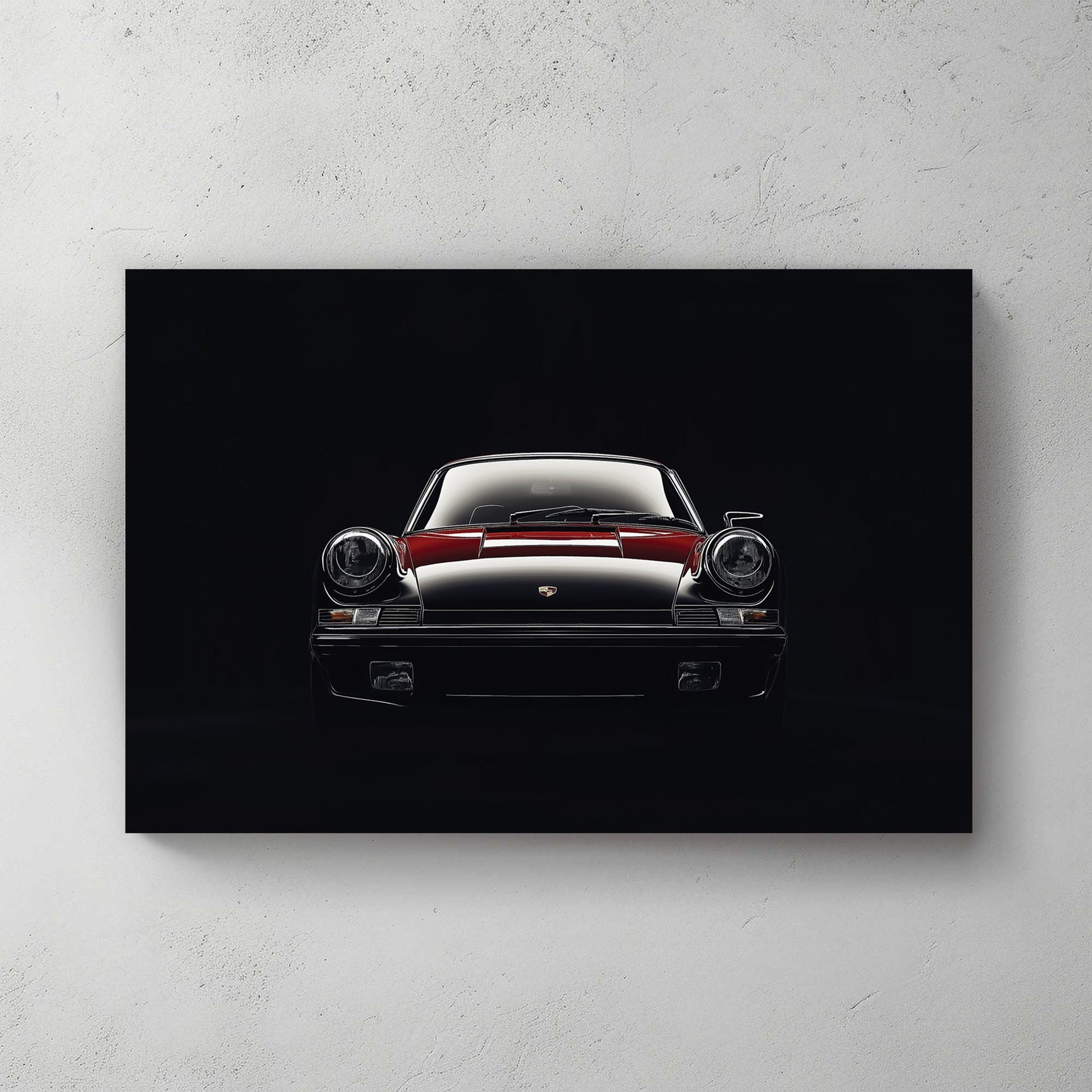 vintage Porsche 911 front view wall art in red and black on black background