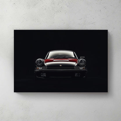 vintage Porsche 911 front view wall art in red and black on black background
