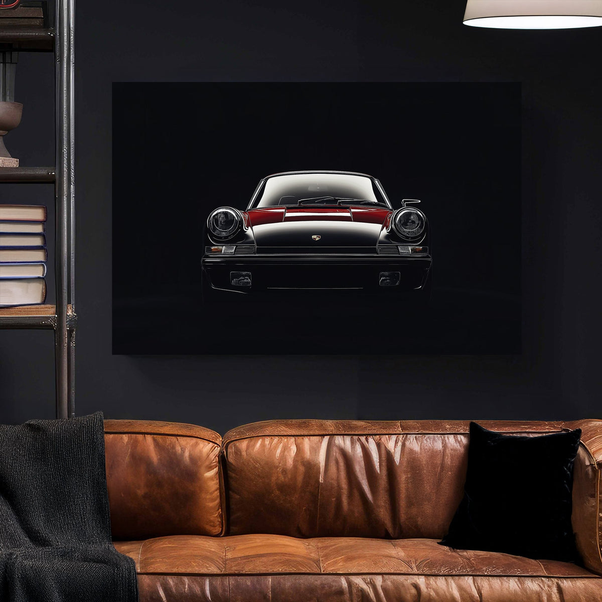 vintage Porsche 911 front view wall art in red and black on black background