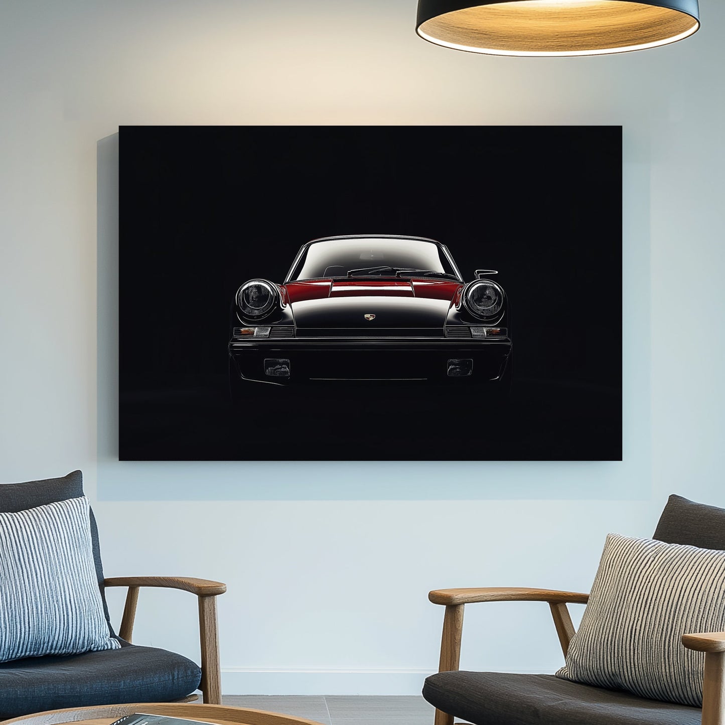vintage Porsche 911 front view wall art in red and black on black background
