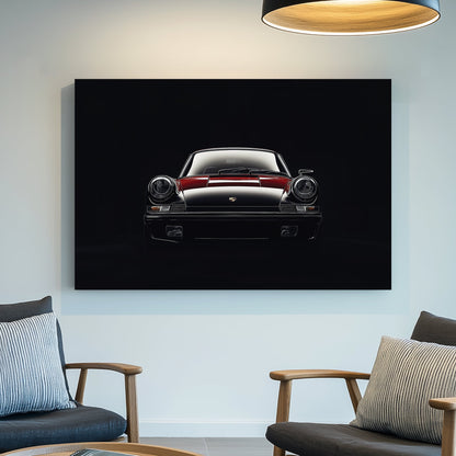 vintage Porsche 911 front view wall art in red and black on black background