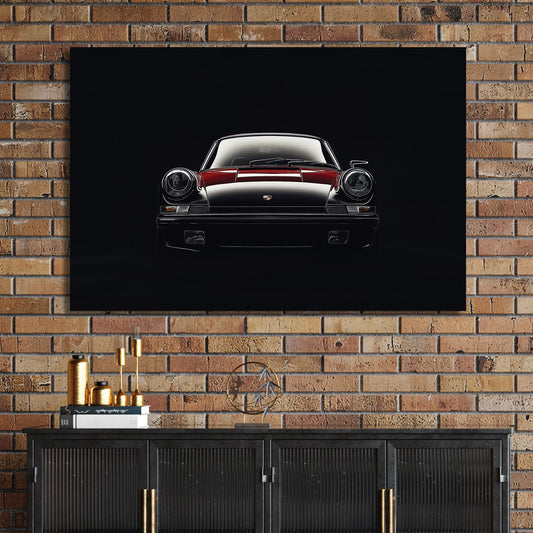 vintage Porsche 911 front view wall art in red and black on black background