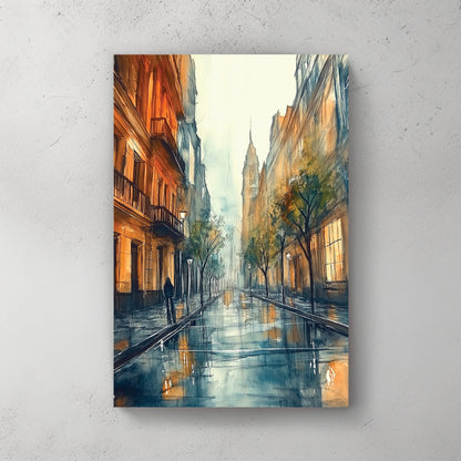 rainy European city street wall art with glowing lights and misty reflections
