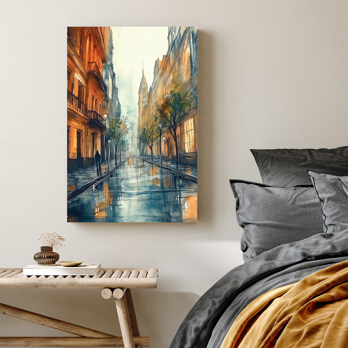 rainy European city street wall art with glowing lights and misty reflections