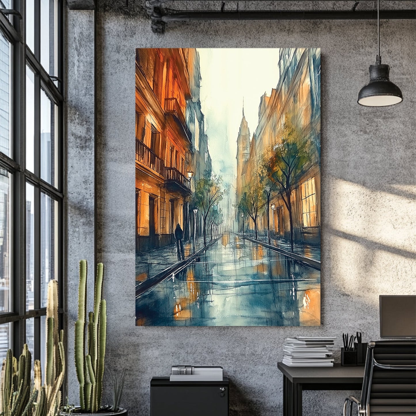 rainy European city street wall art with glowing lights and misty reflections