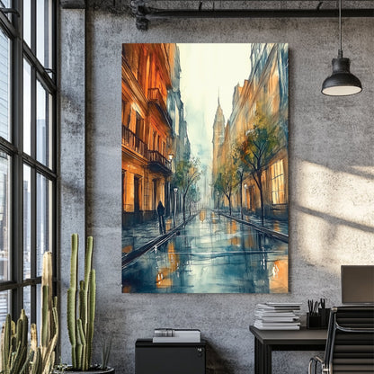 rainy European city street wall art with glowing lights and misty reflections