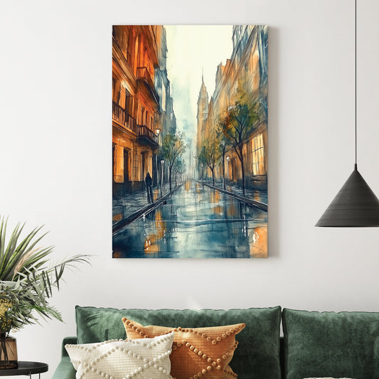 rainy European city street wall art with glowing lights and misty reflections