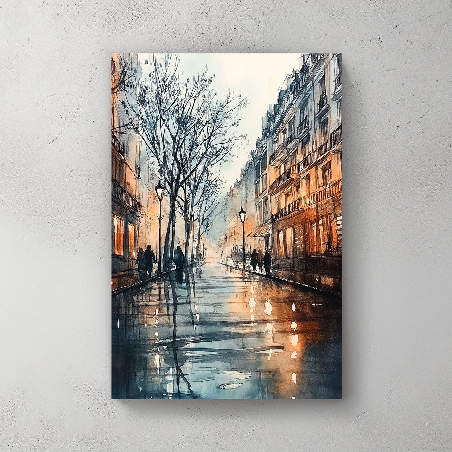 European street at dusk with warm lights and reflections wall art