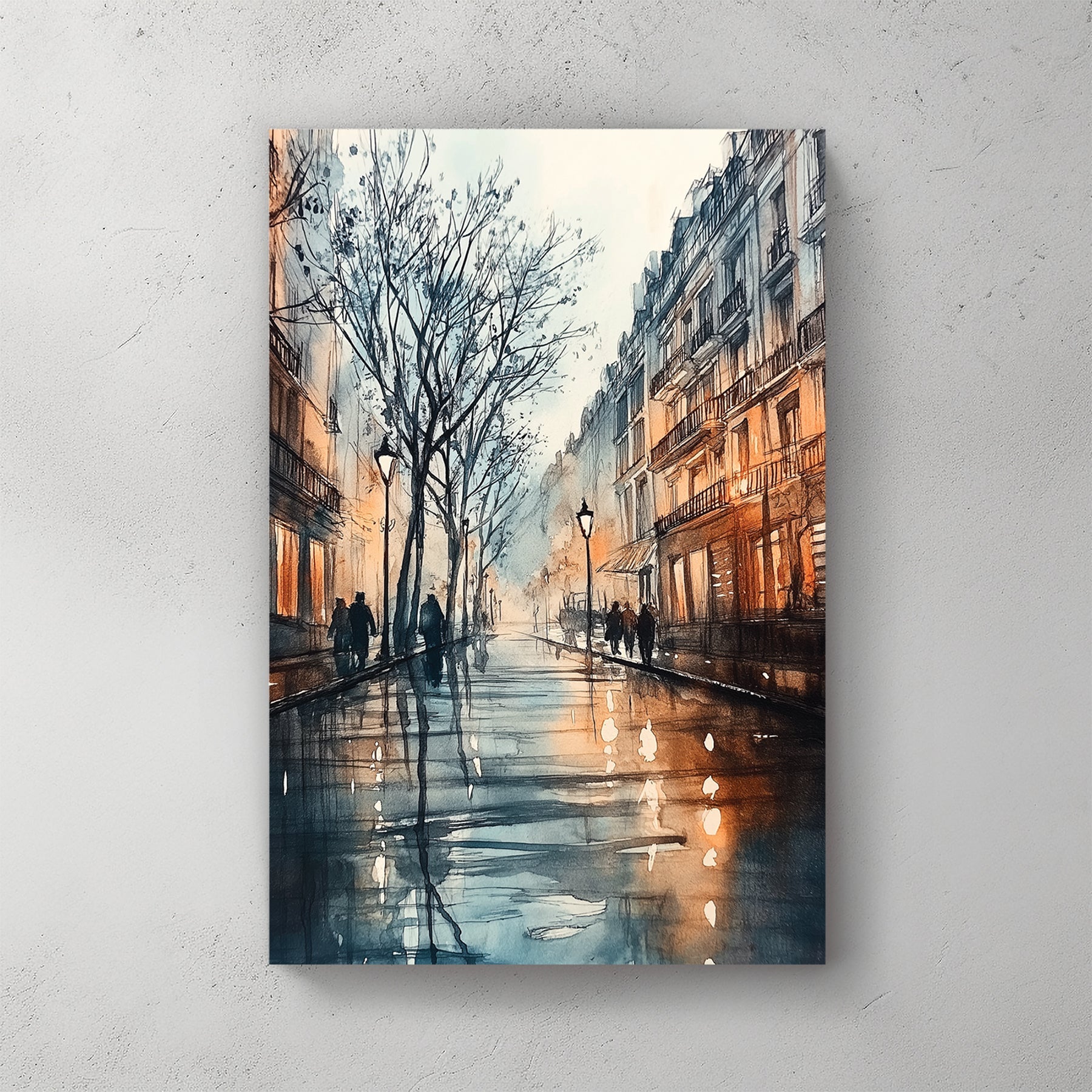 European street at dusk with warm lights and reflections wall art