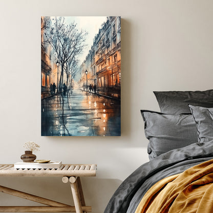 European street at dusk with warm lights and reflections wall art