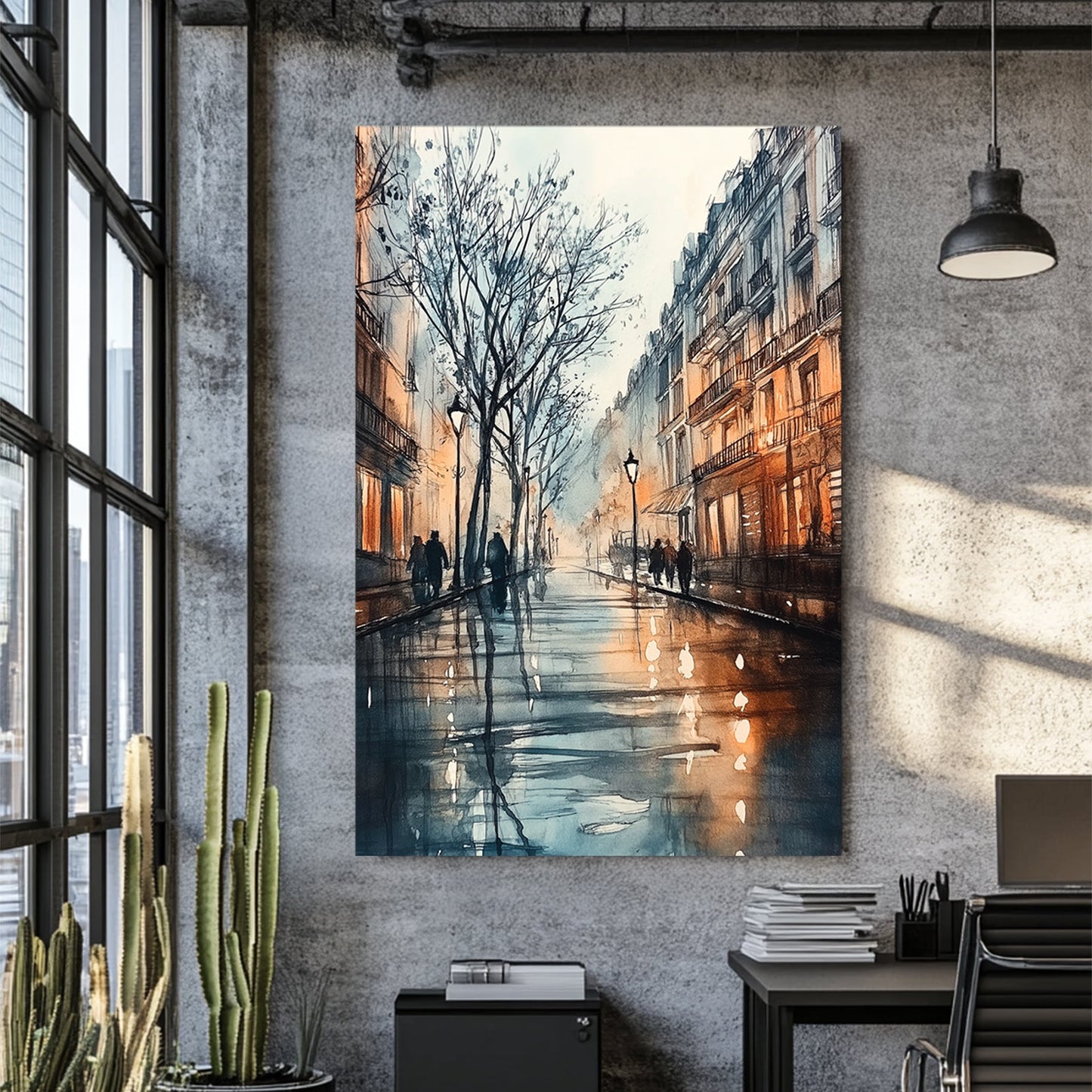 European street at dusk with warm lights and reflections wall art