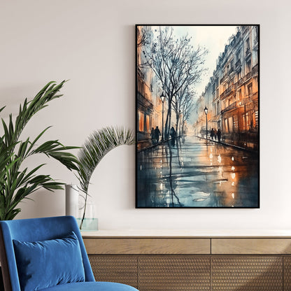 European street at dusk with warm lights and reflections wall art