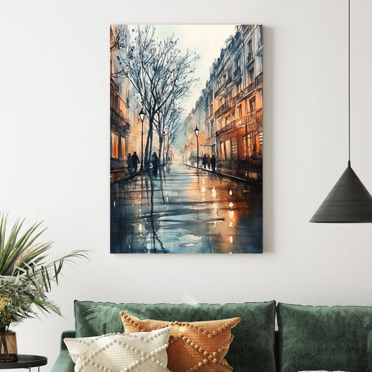 European street at dusk with warm lights and reflections wall art