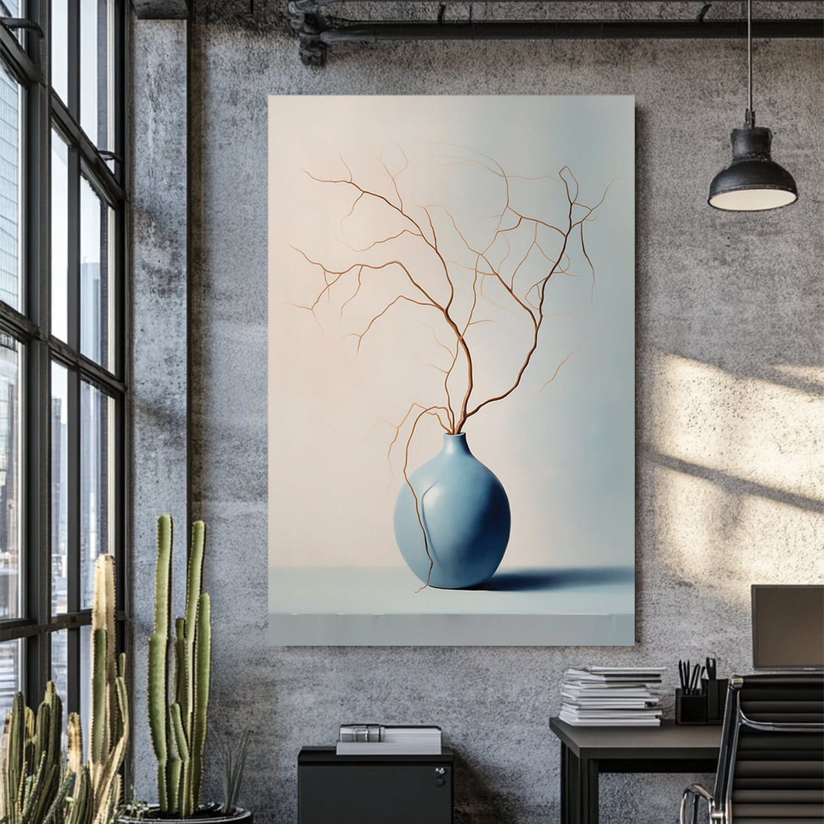 Minimalist blue vase with bare branches wall art