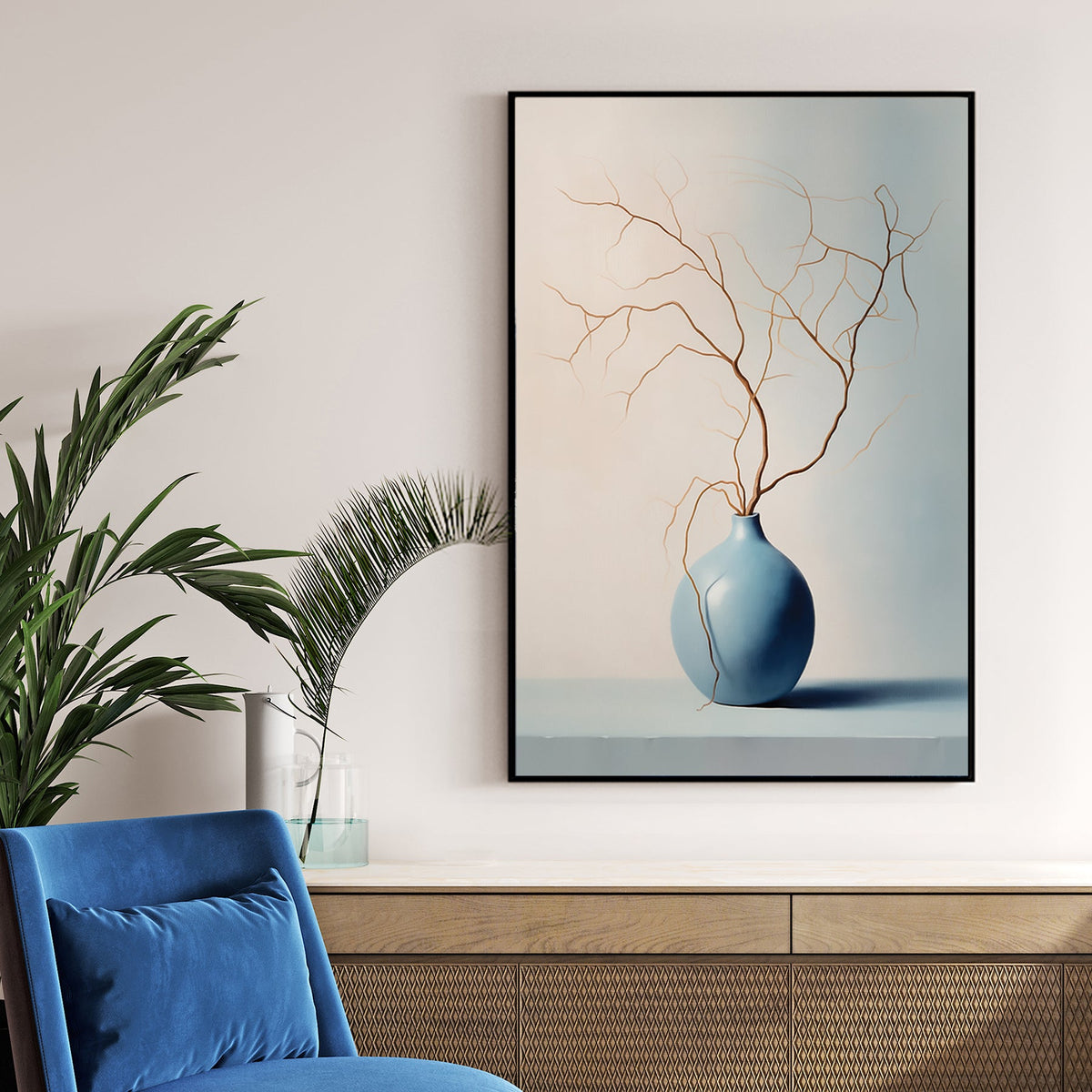 Minimalist blue vase with bare branches wall art